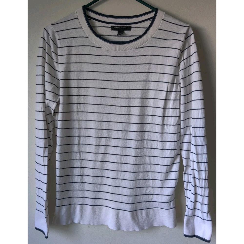 Banana Republic Sailor Stripe Round Neck Pullover Sweater Size M Navy Blue/White